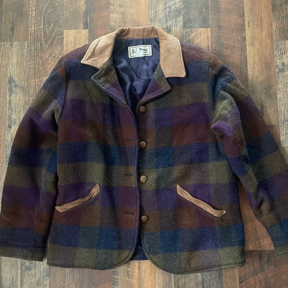 L.L. Bean Jackets & Blazers - Vintage Plaid Wool Barn Jacket with Leather Accents